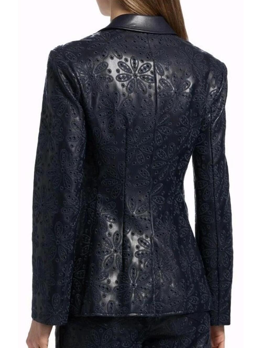 CINQ À SEPT Cheyenne Embroidered Eyelet Size 4 Faux Leather Blazer Navy NWT #W3 - Picture 3 of 13